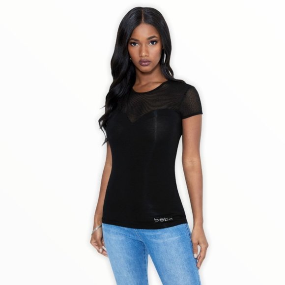 {bebe sport} NWT Black Mesh Sweatheart Top - Picture 1 of 10
